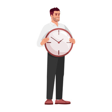 Workers time management skills semi flat RGB color vector illustration. Employee holding clock isolated cartoon character on white background. Meeting deadlines, self efficacy concept
