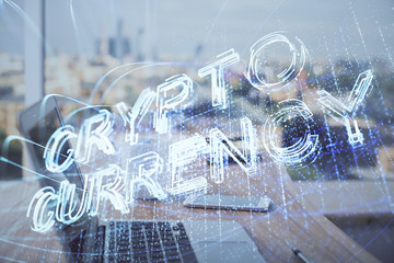 Double exposure of blockchain theme hologram and table with computer background. Concept of bitcoin crypto currency.