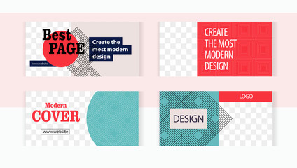 Elegant red and pastel colors linear patterns. Background set horizontal banner templates with frame for images. Stylish design for creativity.