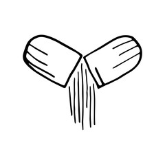 Obraz premium Hand drawn capsule with the drug isolated on a white background. Medical elements, icons. Doodle, simple outline illustration. It can be used for decoration of textile, paper and other surfaces.