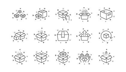 Package, delivery boxes, cargo box. Box line icons. Cargo distribution, export boxes, return parcel icons. Shipment of goods, open package. Linear set. Geometric elements. Quality signs set. Vector