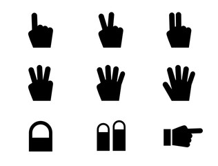 手や指のアイコンセット。1から5まで指を使って数えているイラスト。指の先端をクローズアップしたシンプルな形のアイコン。