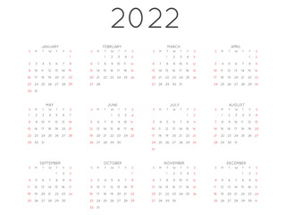 Calendar 2022 Year Simple Style Planner. Week Starts on Sunday. Vector Illustration