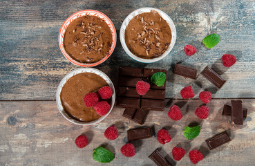 Homemade chocolate mousse with fresh raspberry