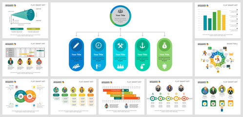 Colorful consulting or workflow concept infographic charts set. Business design elements for presentation slide templates. Can be used for financial report, workflow layout and brochure design.