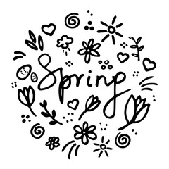 Spring vibes. Marker hand drawn illustration. Cute doodle elemets for digital and print. Vector illustration. Black on white