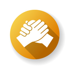 Brotherhood yellow flat design long shadow glyph icon. Strong friendship, interpersonal bond, Friendly relationship between men. Togetherness, unity and fellowship. Silhouette RGB color illustration