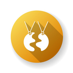 Best friend yellow flat design long shadow glyph icon. Strong interpersonal bond, friendship. Traditional friendly relationship accessory. BFF charm, necklace Silhouette RGB color illustration