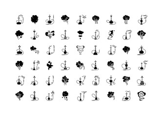 Hookah bar black glyph icons set on white space. Sheesha house. Nargile lounge. Odor from pipe. Scent of vaporizing. Smoking area. Fragrance emblem. Silhouette symbols. Vector isolated illustration