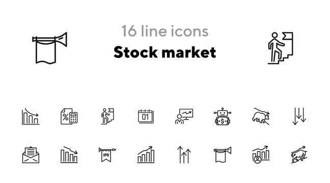 Stock market line icon set. Bear, bull, trader, IPO, charts. Finance concept. Can be used for topics like investment, assets, trading