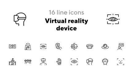 Virtual reality device line icon set. Virtual reality glasses, programming, vr game. Technology concept.Vector illustration can be used for topics like progress, technology, entertainment © SurfupVector