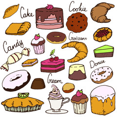 Hand drawn vector set of cute dessert elements. Colorful clipart isolated on white background. Design for greeting cards, scrapbooking, textile, wrapping paper, cafe or restaurant menu, invitations.