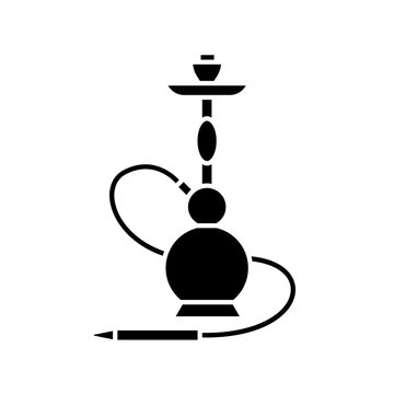 Hookah black glyph icon. Sheesha house. Egyptian relaxation. Nargile lounge. Odor from pipe. Scent of vaporizing. Smoking area. Silhouette symbol on white space. Vector isolated illustration