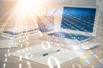 Obraz premium Double exposure of computer and technology theme drawing. Concept of innovation.