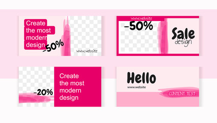 Horizontal set banner templates with frame for images. Happy modern style with soft pink paint spots and dark pink elements. 