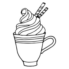 Cute cream dessert hand drawn vector doodle illustration.Black outlines Isolated on white background.Cute decorative element for cafe or restaurant menu design, food infographic and printed materials.