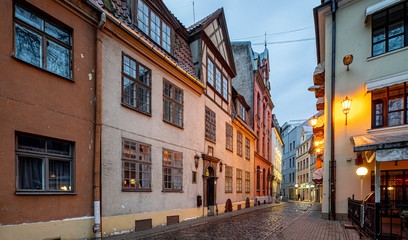 Fototapeta na wymiar Old town in Riga at evening time. Latvian architecture.