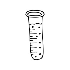 Hand drawn test tube with liquid on a white isolated background. Medical elements, icons. Doodle, simple outline illustration. It can be used for decoration of textile, paper and other surfaces.