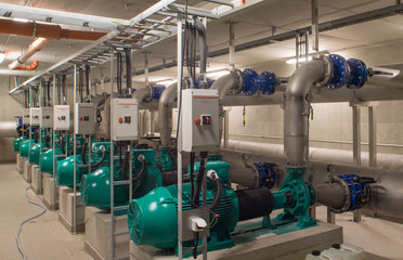 Interior of industrial water treatment and boiler room. Single-stage, low-pressure centrifugal...