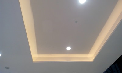 Gypsum false ceiling view and design of roof of commercial building interior finishes work