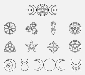 Collection of magical wiccan and pagan symbols: pentagram, triple moon, horned god, triskelion, solar cross, spiral, wheel of the year. Monochrome vector illustration, isolated on white background
