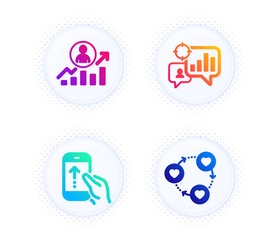 Seo statistics, Career ladder and Swipe up icons simple set. Button with halftone dots. Friends community sign. Analytics chart, Manager results, Scrolling screen. Love. Business set. Vector