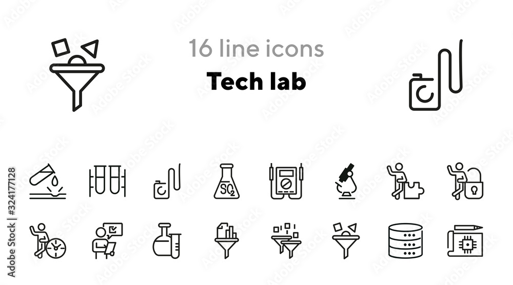 Poster tech lab line icon set. chemical tube, microscope, binary code filter, data storage. research concep