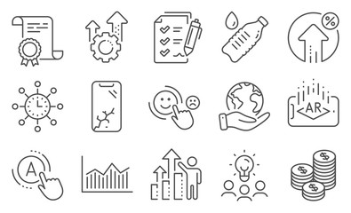 Set of Business icons, such as Ab testing, Water bottle. Diploma, ideas, save planet. Augmented reality, Customer satisfaction, World time. Coins, Employee results, Smartphone broken. Vector