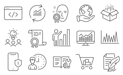 Set of Business icons, such as Seo script, Graph chart. Diploma, ideas, save planet. Update data, Working hours, Statistics. Engineering documentation, Feather signature, Line graph. Vector