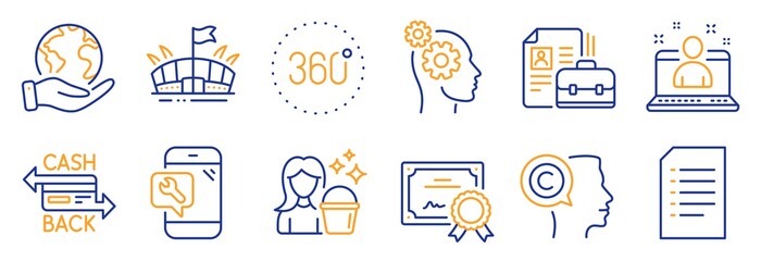 Set of Business icons, such as Writer, Thoughts. Certificate, save planet. Document, Phone repair, Best manager. Arena, Vacancy, 360 degrees. Cleaning, Cashback card line icons. Vector