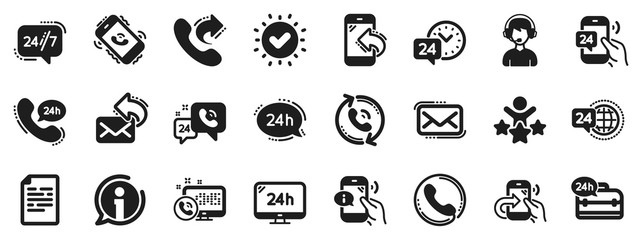 Set of Callback or feedback, Call support and Chat message icons. Processing icons. 24 hour service, Call centre, 24/7. Telephone callback, support message, feedback phone center. Vector