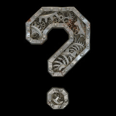 Mechanical alphabet made from rivet metal with gears on black background. Symbol question mark. 3D
