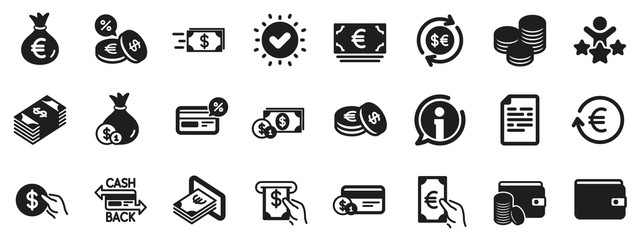 Set of Credit card, Cash and Coins icons. Money wallet icons. Banking, Currency exchange and Cashback service. Wallet, Euro and Dollar money, credit card. Cash exchange, bank payment. Vector