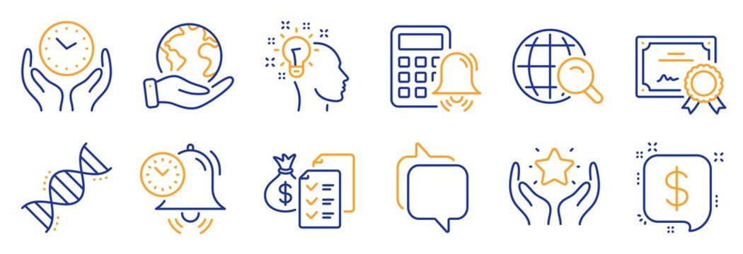 Set of Education icons, such as Idea, Payment message. Certificate, save planet. Accounting wealth, Ranking, Safe time. Time management, Internet search, Messenger. Vector