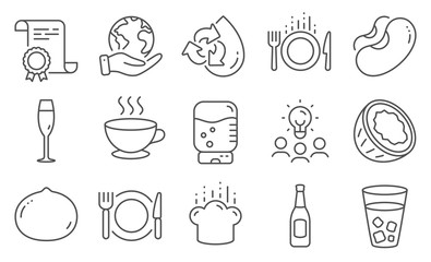 Set of Food and drink icons, such as Beans, Coffee cup. Diploma, ideas, save planet. Champagne glass, Water cooler, Restaurant food. Macadamia nut, Coconut, Recycle water. Vector