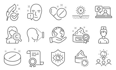 Set of Healthcare icons, such as Collagen skin, Face id. Diploma, ideas, save planet. Medical tablet, Medical pills, Eye protection. Doctor, Face attention, Cream. Vector