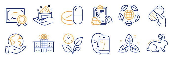 Set of Healthcare icons, such as Hospital building, Animal tested. Certificate, save planet. Eco organic, Medical drugs, Skin care. Leaves, Face biometrics, Prescription drugs. Vector