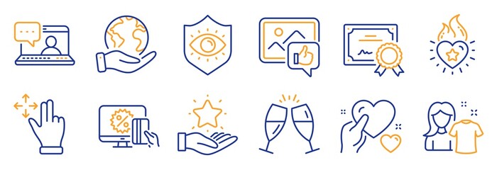 Set of People icons, such as Like photo, Clean shirt. Certificate, save planet. Friends chat, Loyalty program, Online shopping. Move gesture, Eye protection, Hold heart. Vector