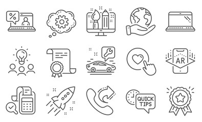 Set of Technology icons such as Like button, Augmented reality, Car service. Diploma, ideas, save planet. Online loan, Bill accounting, Loyalty award. Cogwheel, Startup rocket, Laptop. Vector