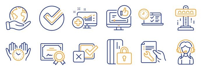 Set of Technology icons, such as Attraction, Support. Certificate, save planet. Medical analytics, Safe time, Checkbox. Online test, Like video, Blocked card. Vector
