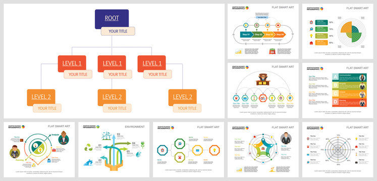 Colorful analytics layout set for work process design, management report, presentation, web page. Business and analysis concept with organizational diagram, pie, radar, process, and timeline charts.