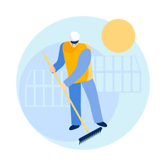 Fototapeta premium vector gardering man with rake and greenhouse cartoon blue yellow illustration