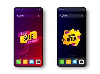 Special offer and Super sale. Smartphone screen banner. Discount offer badge. Mobile phone screen interface. Smartphone display promotion template. Online application banner. Vector