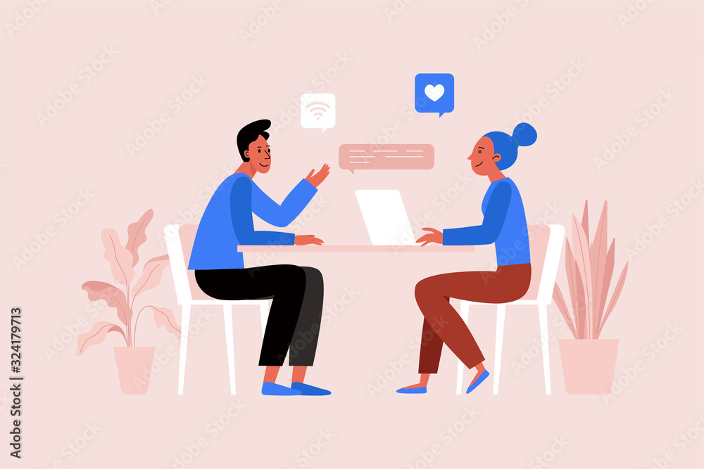Poster vector illustration in flat simple style with characters - two people working together at the laptop