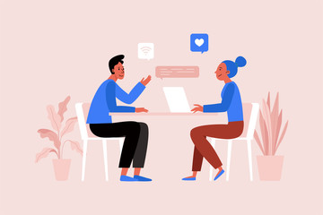 Vector illustration in flat simple style with characters - two people working together at the laptop, project management concept