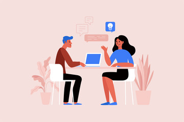 Vector illustration in flat simple style with characters - two people working together at the laptop, project management concept