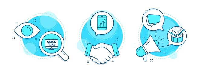 Speech bubble, Web tutorials and Graph phone line icons set. Handshake deal, research and promotion complex icons. Drums sign. Chat message, Quick tips, Mobile statistics. Drumsticks. Vector