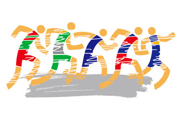  Running competition, marathon. Colorful expressive stylized illustration of race runners . Vector available.