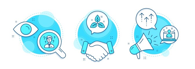 Support consultant, Fair trade and Best manager line icons set. Handshake deal, research and promotion complex icons. Swipe up sign. Question mark, Leaf, Best developer. Scrolling arrow. Vector