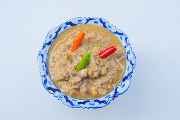 Pickled fish and chili dip with boiled vegetables.